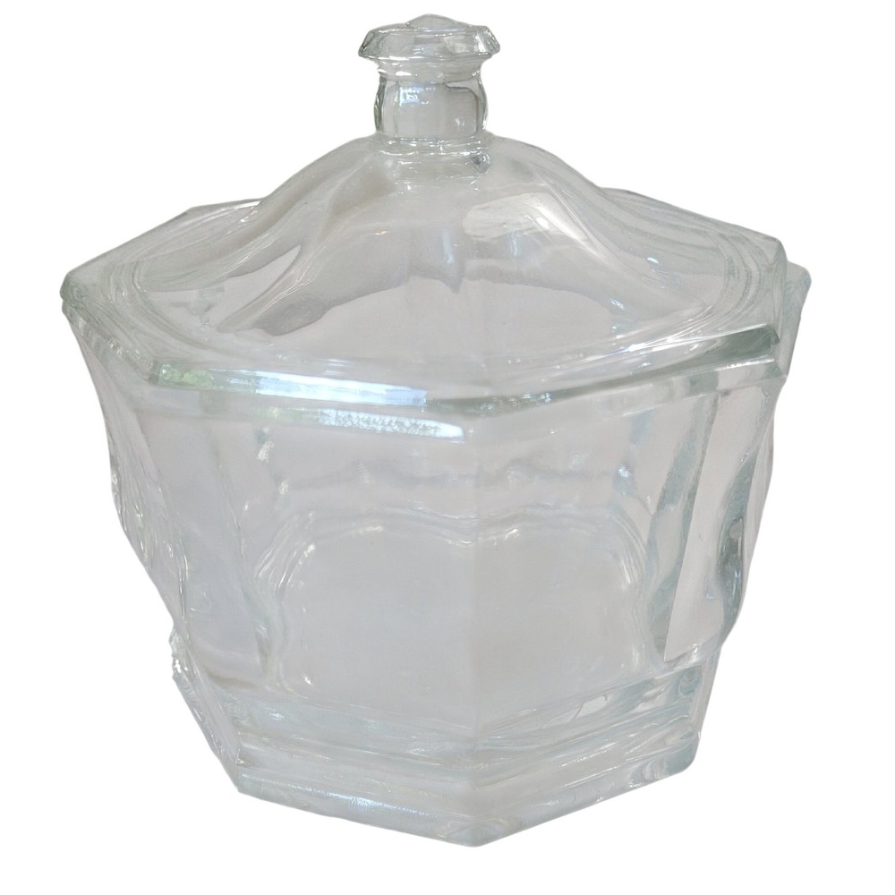 Unbranded Octagonal Glass Candy Dish Clear Small Excellent Paneled Lidded Jar